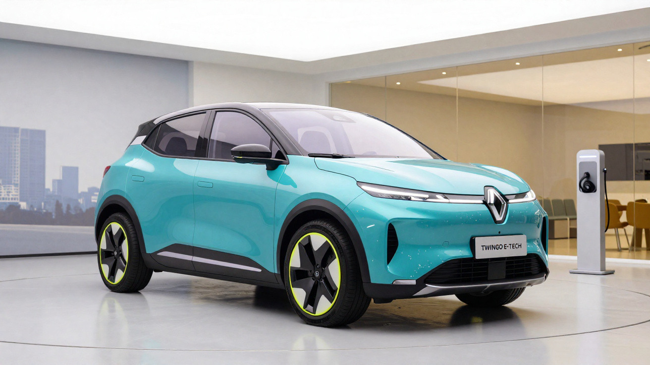 Turquoise Renault Twingo E-Tech electric car displayed indoors near a charging station.