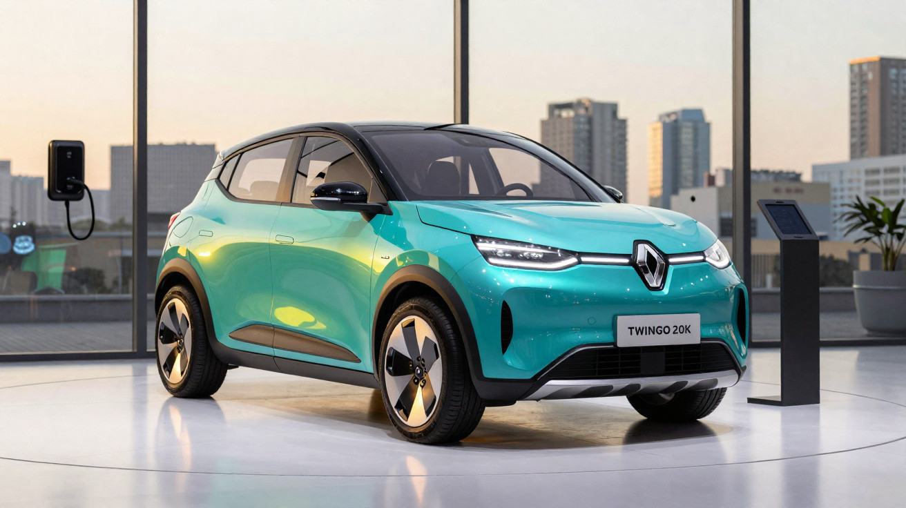Turquoise Renault Twingo 20K electric car displayed indoors with cityscape visible through large windows.