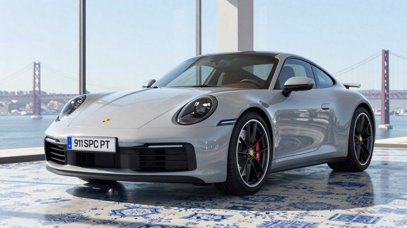 Silver Porsche 911 sports car displayed indoors with large windows and a bridge in the background.