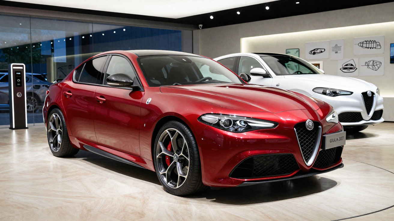 Red Alfa Romeo Giulia parked indoors with a white Alfa Romeo in the background.