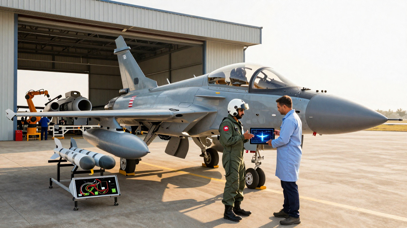 Military jet fighter in hangar with pilot and technician reviewing digital tablet beside aircraft.