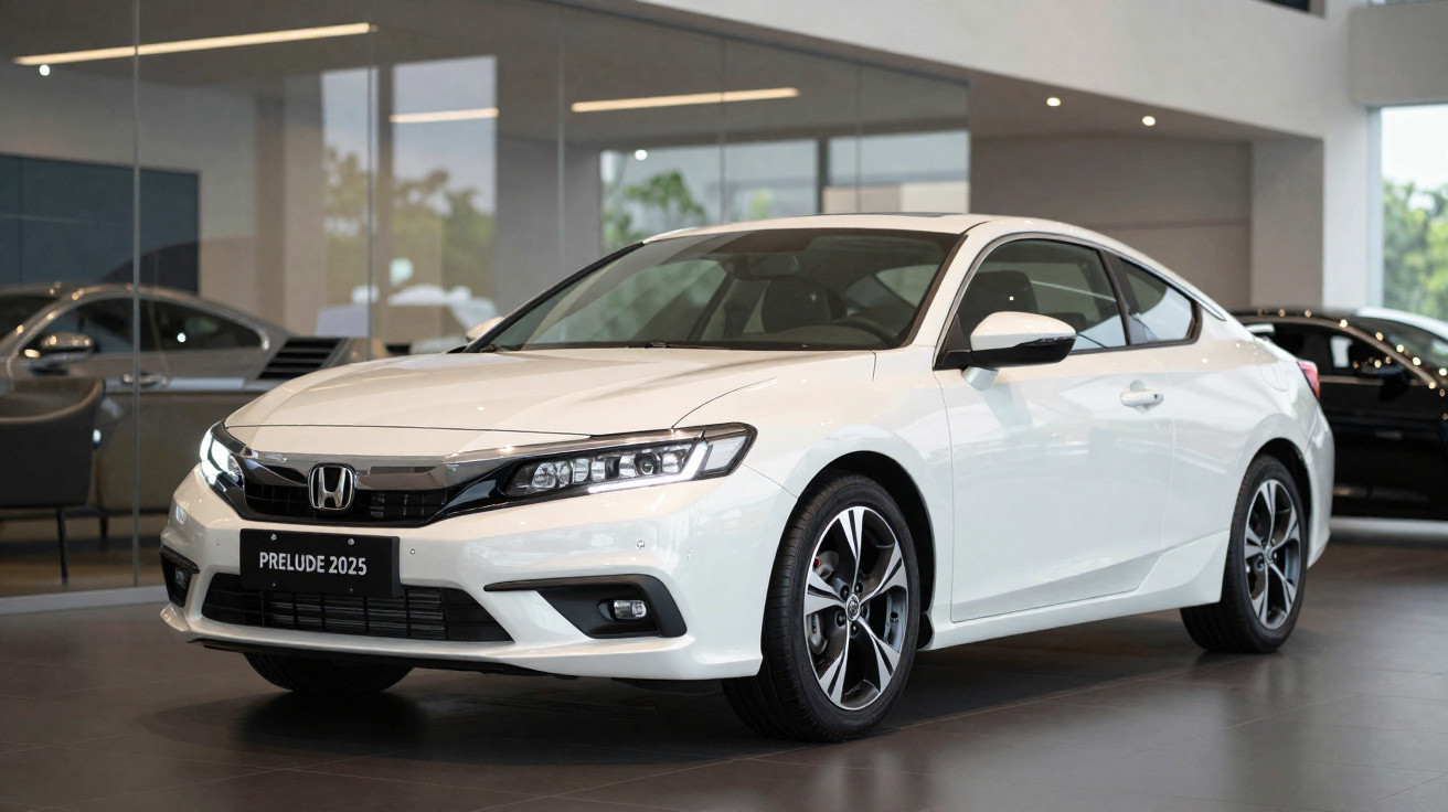 White 2025 Honda Prelude coupe displayed inside a showroom with modern design elements.