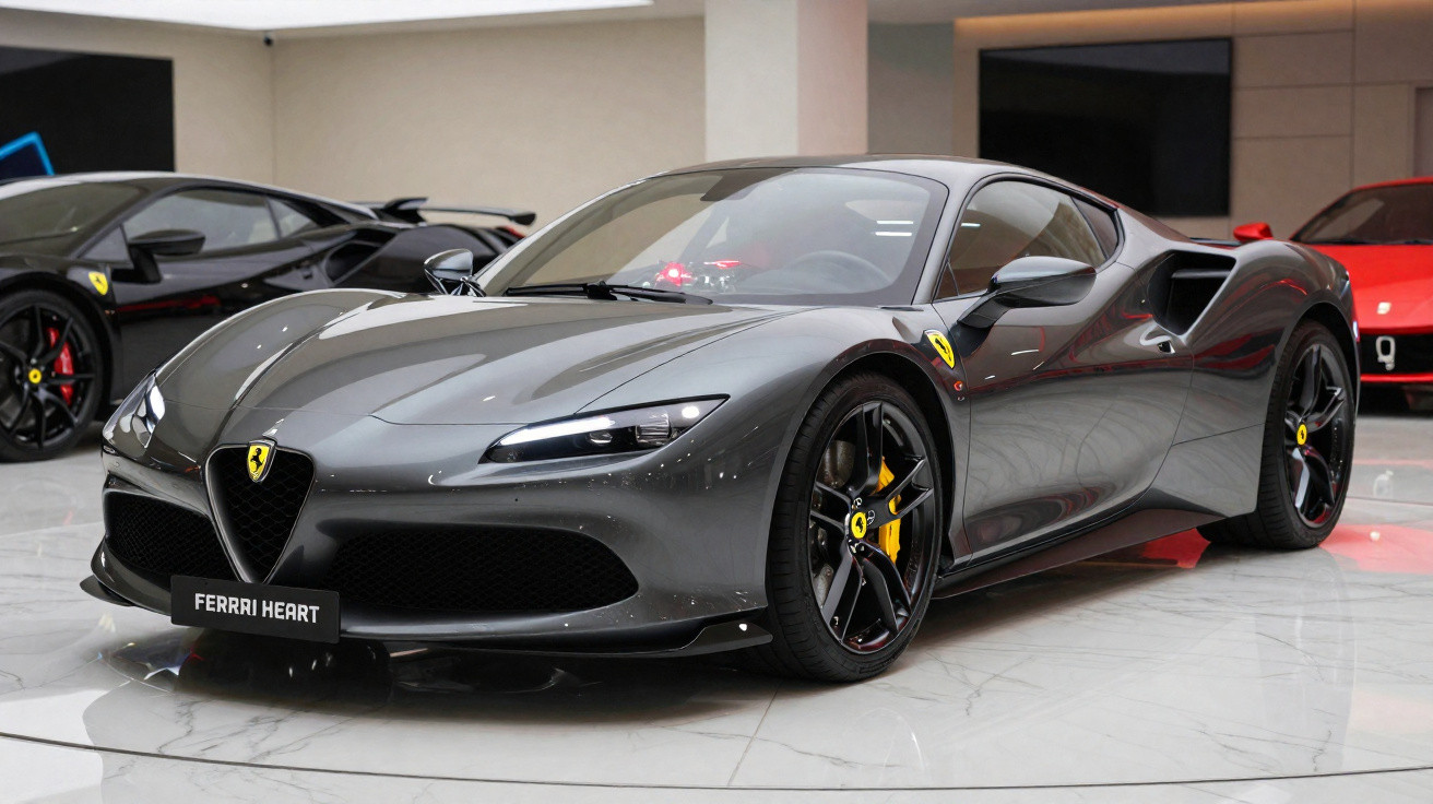 Dark grey Ferrari sports car with yellow brake calipers in a showroom with other luxury cars.