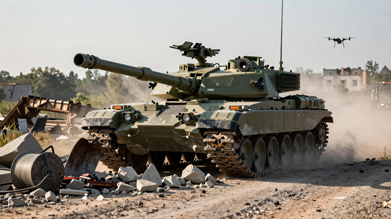 Military tank moving on a dusty road with rubble and a drone flying nearby in a rural area.