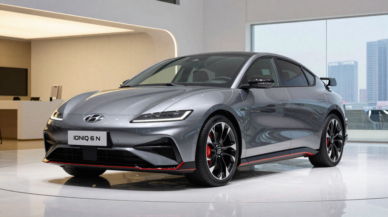 Silver Hyundai Ioniq 6 N sports car displayed indoors with city skyline visible through large window.