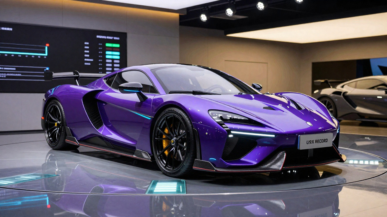 Purple McLaren U9X Record sports car displayed indoors on reflective floor.