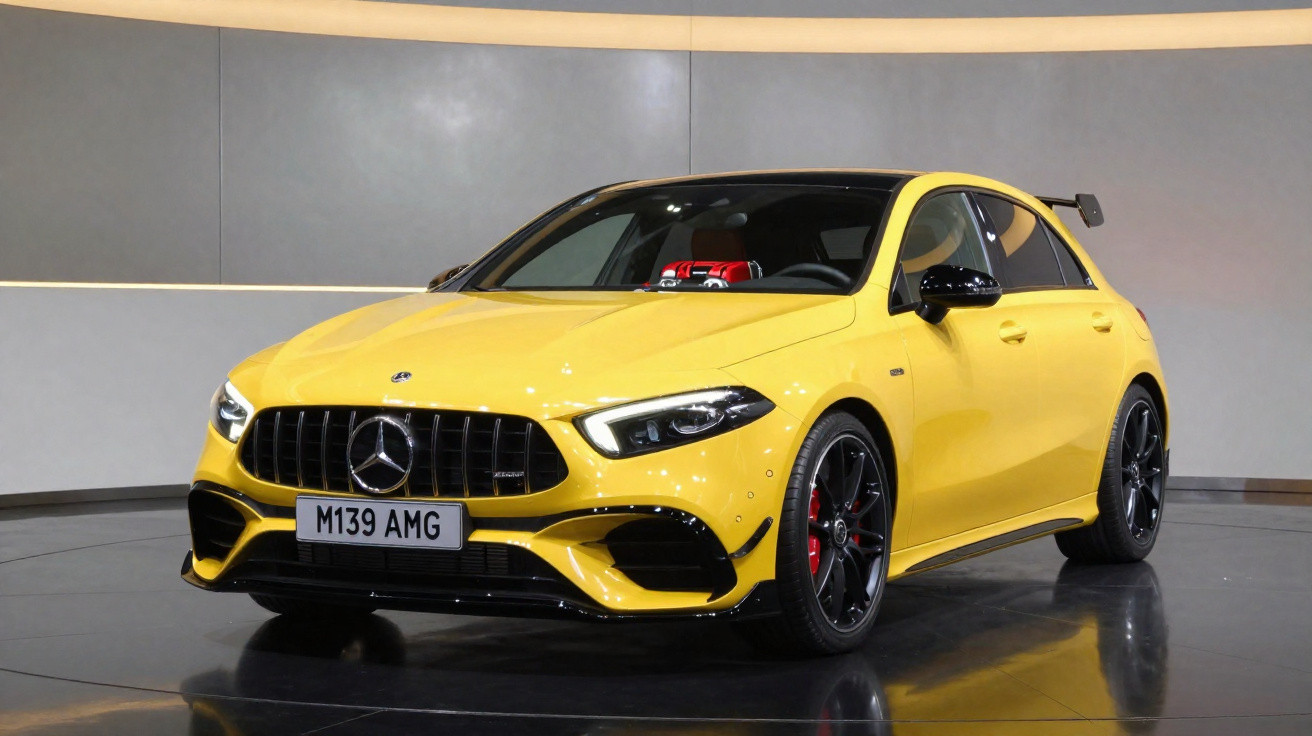 Yellow Mercedes-AMG hatchback with black wheels and sporty design displayed indoors on reflective floor.