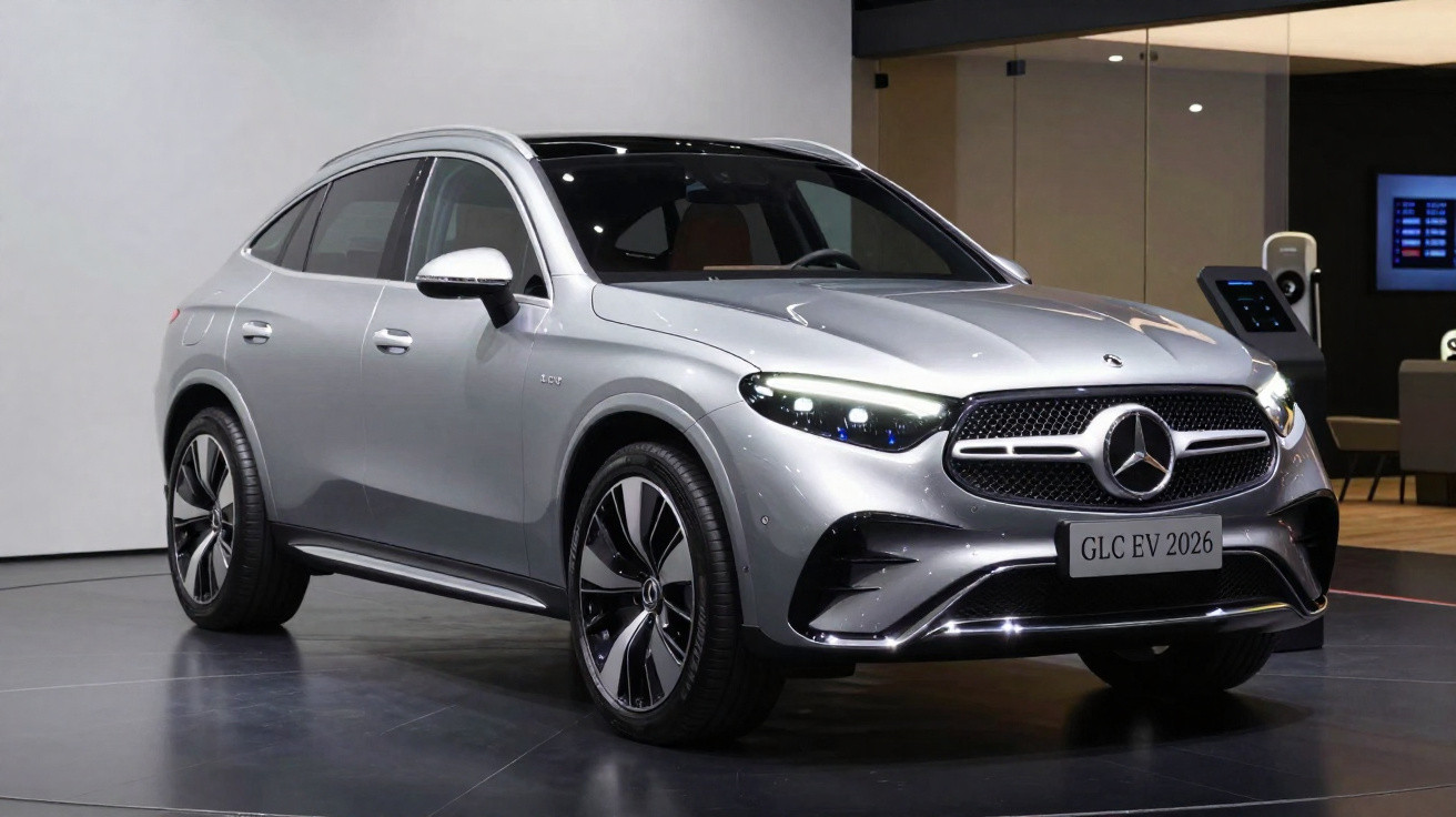 Silver Mercedes-Benz GLC EV 2026 electric SUV displayed indoors with black roof and illuminated headlights.