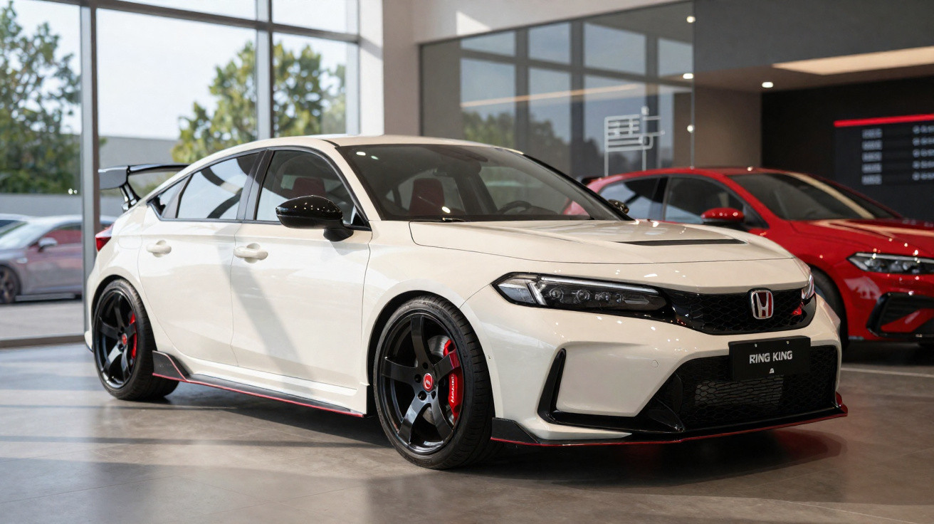 White Honda Civic Type R with black wheels and red brake calipers displayed in a showroom.