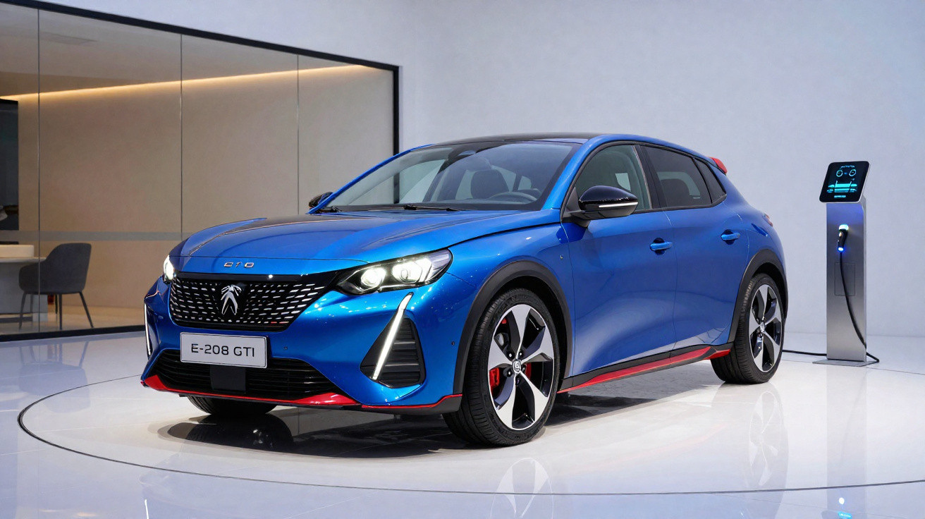 Blue Peugeot E-208 GTi electric car on display next to a charging station in a modern showroom.