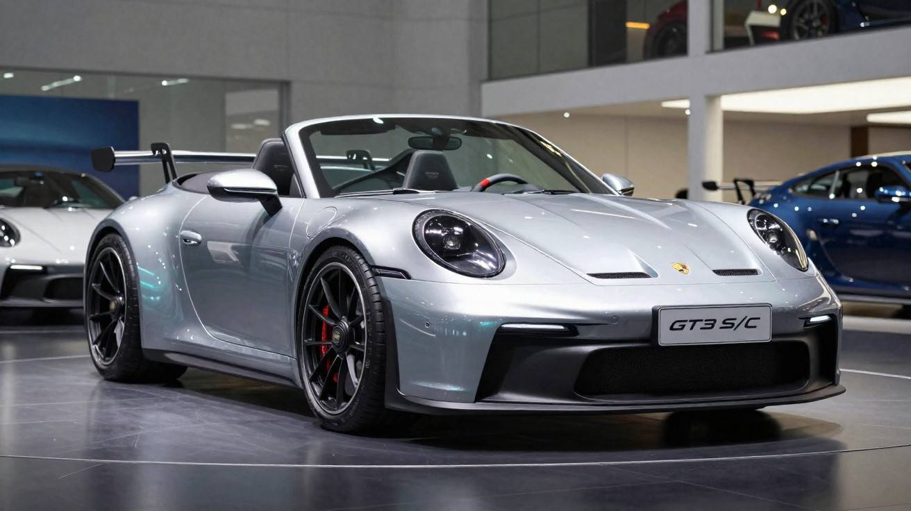 Silver Porsche 911 GT3 S/C convertible sports car displayed indoors with black wheels and rear spoiler