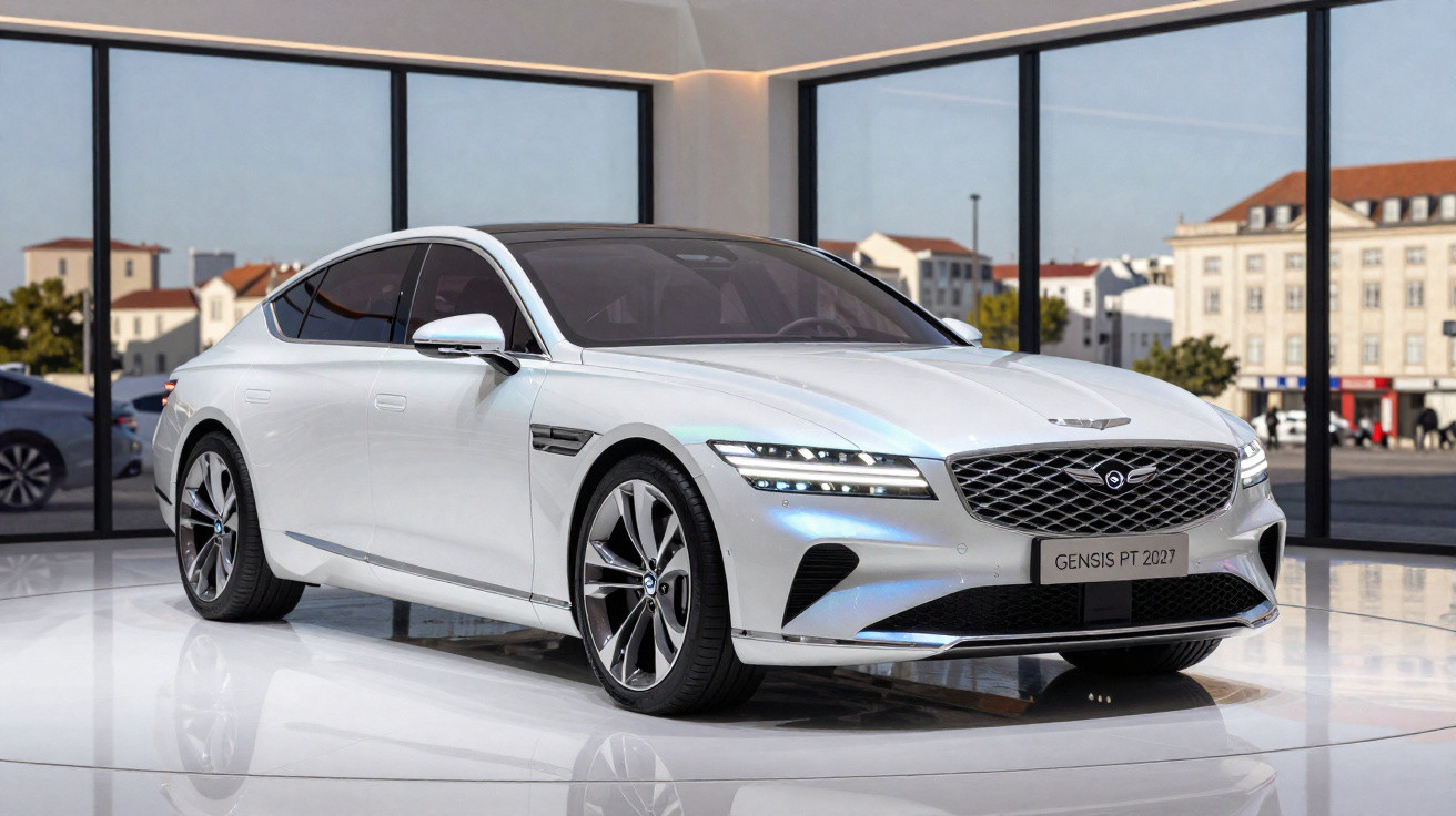White Genesis PT 2027 luxury sedan displayed indoors with a modern cityscape visible through large windows.