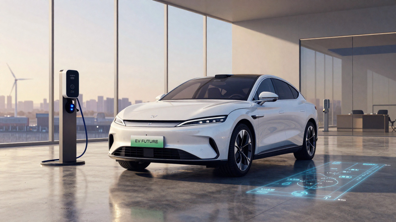 White electric car charging in modern glass-walled building with digital interface projected on floor.