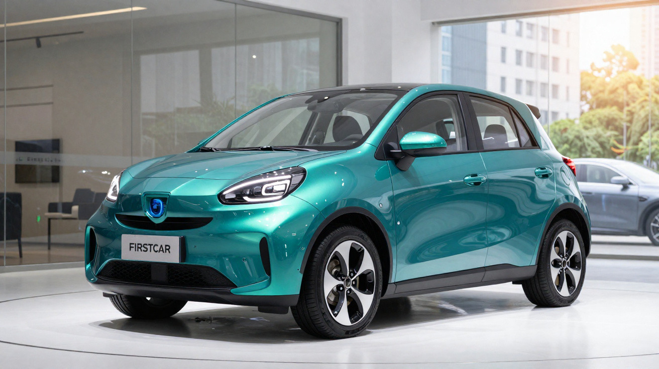 Green compact electric hatchback car displayed indoors with "FIRSTCAR" plate on front.
