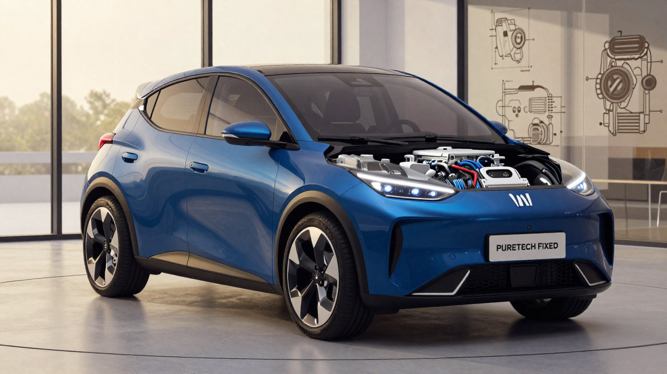 Blue electric car with visible engine components displayed in a modern showroom with technical drawings on the wall.