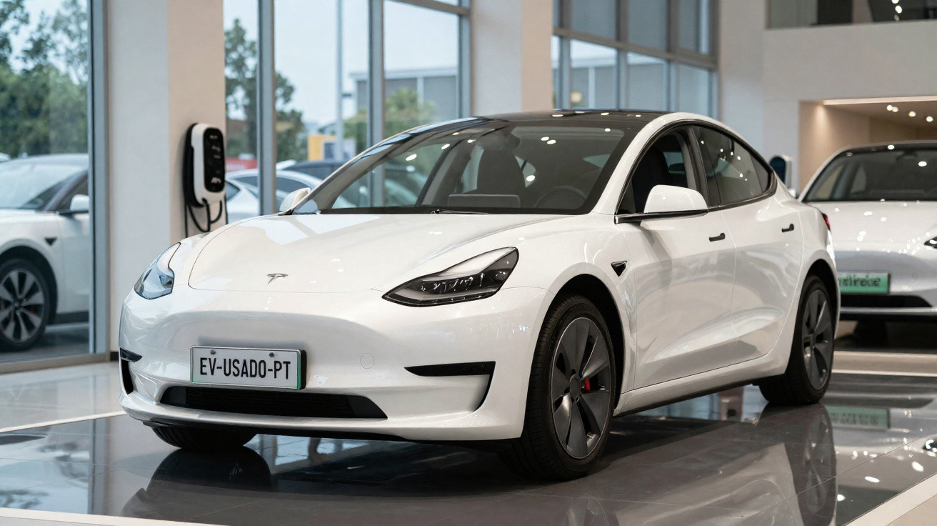 White Tesla Model 3 electric car displayed indoors with charging station in the background.