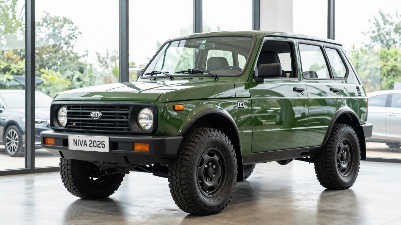 Green 2026 Lada Niva four-wheel drive SUV parked indoors near large windows.