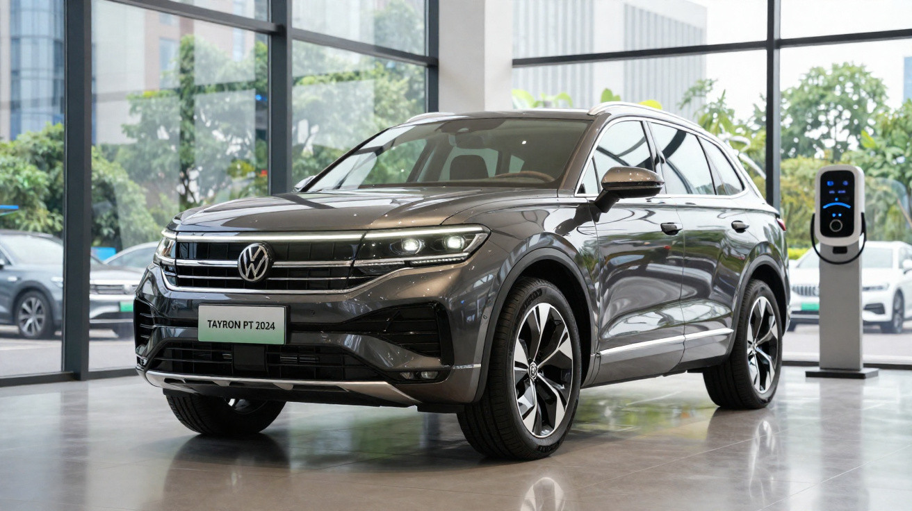 2024 Volkswagen Tayron PT grey SUV displayed indoors near a charging station and large windows.