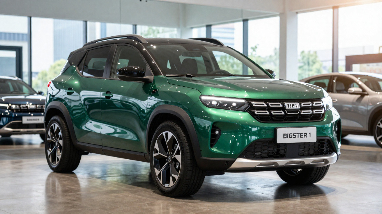 Green Dacia Bigster 1 SUV displayed in a showroom with black roof and alloy wheels.
