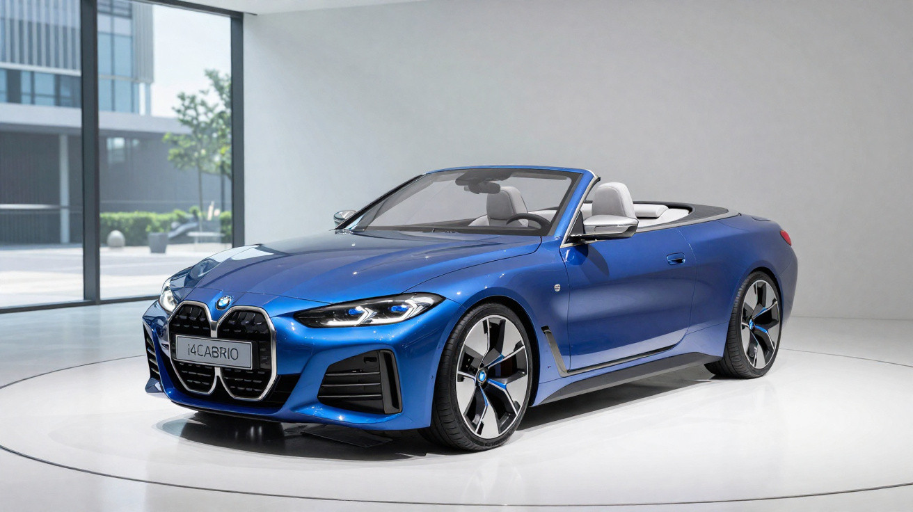 Blue BMW i4 Cabrio convertible car displayed indoors on a circular platform with a plain background.