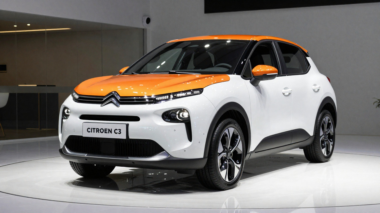 White and orange Citroën C3 hatchback car displayed indoors on a white platform.