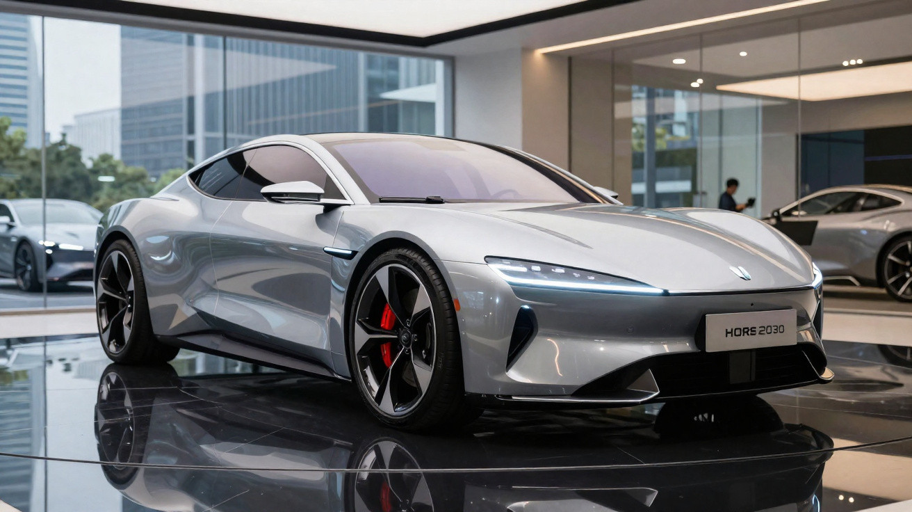 Silver futuristic sports car displayed indoors with glossy floor reflecting the vehicle and surrounding buildings.