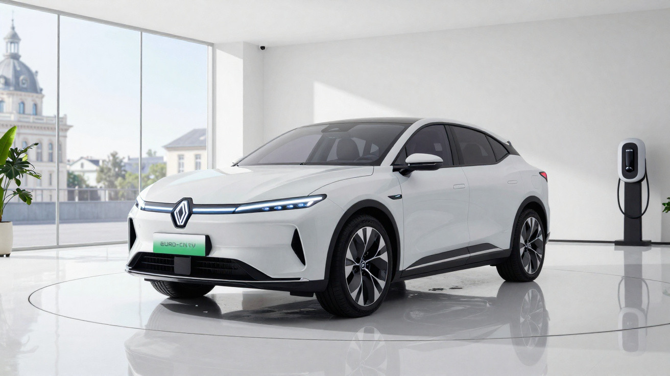 White electric Renault SUV displayed in a modern showroom with charging station and large windows.