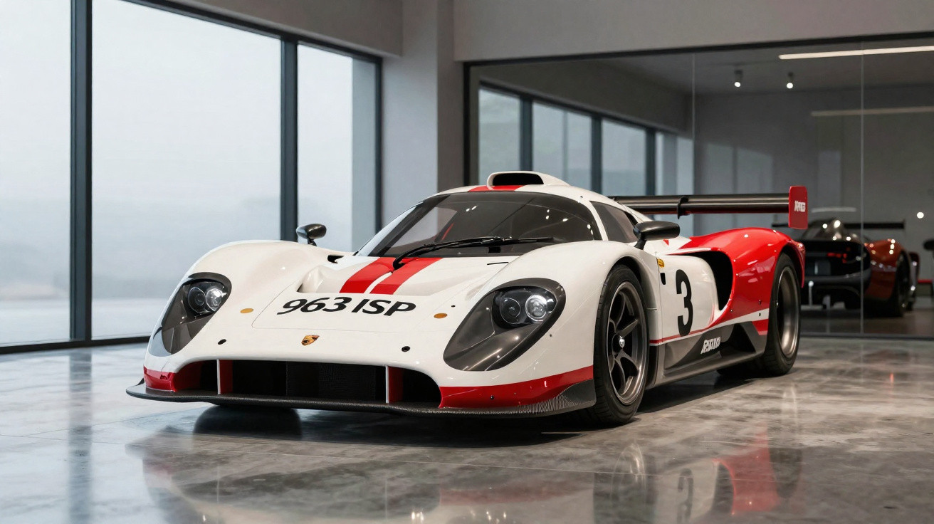 White and red Porsche 962 race car with number 3 in a modern showroom with large windows and polished floor.