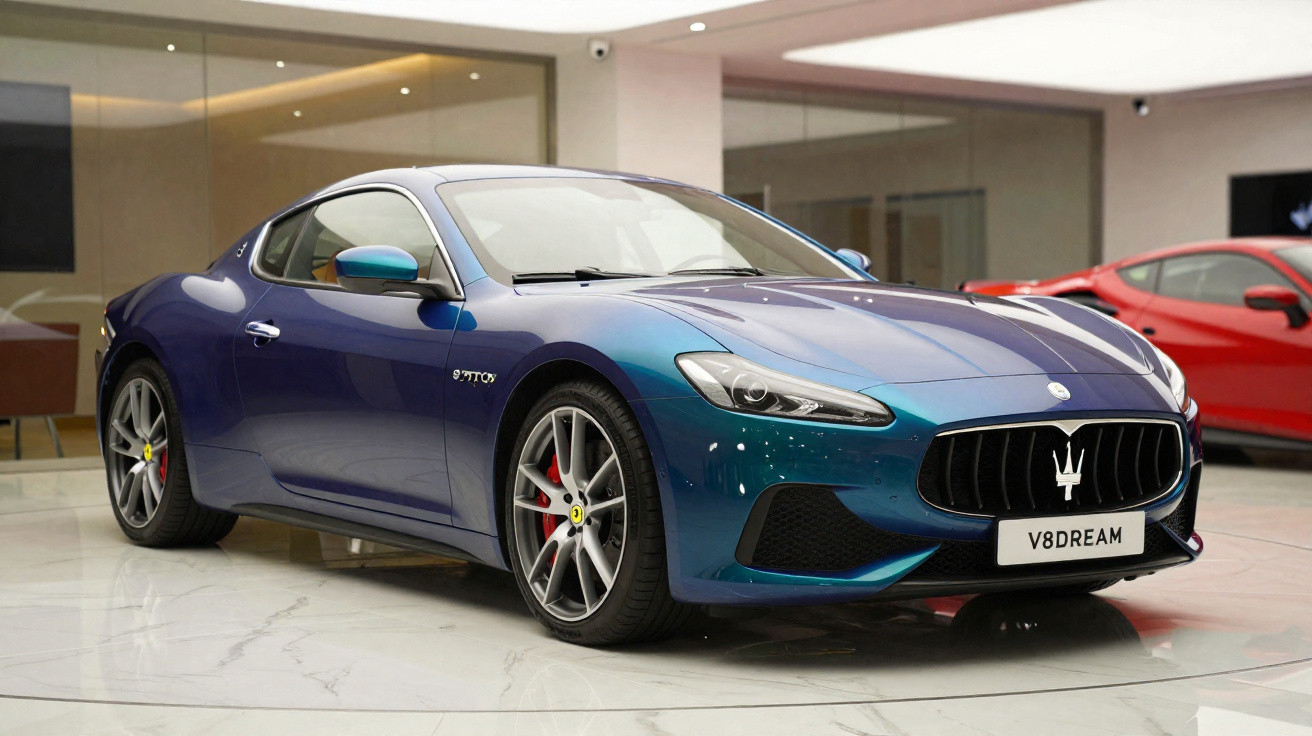 Blue Maserati sports car with "V8DREAM" number plate displayed indoors on marble floor