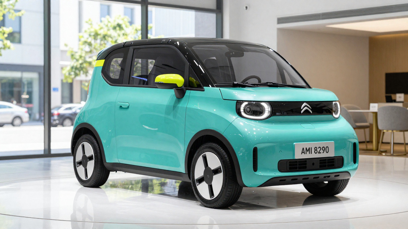 Compact turquoise Citroën AMI electric car with yellow mirrors, displayed indoors by large windows.