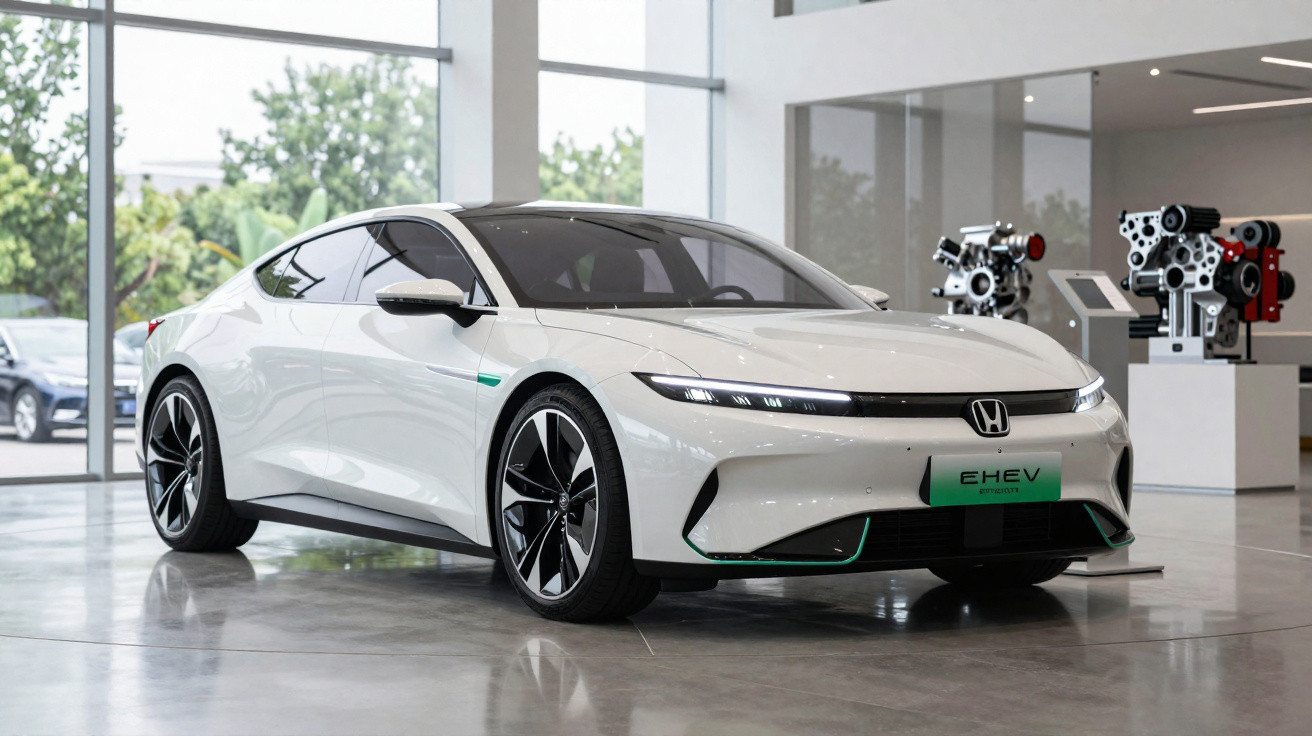 White Honda EHEV electric hybrid sedan displayed indoors with modern engine models in the background.