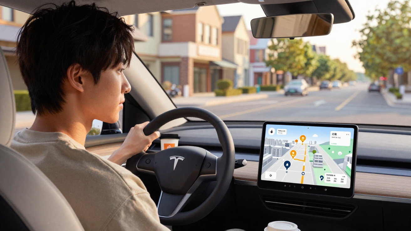 Person driving a Tesla car with a navigation map displayed on the central touchscreen dashboard.
