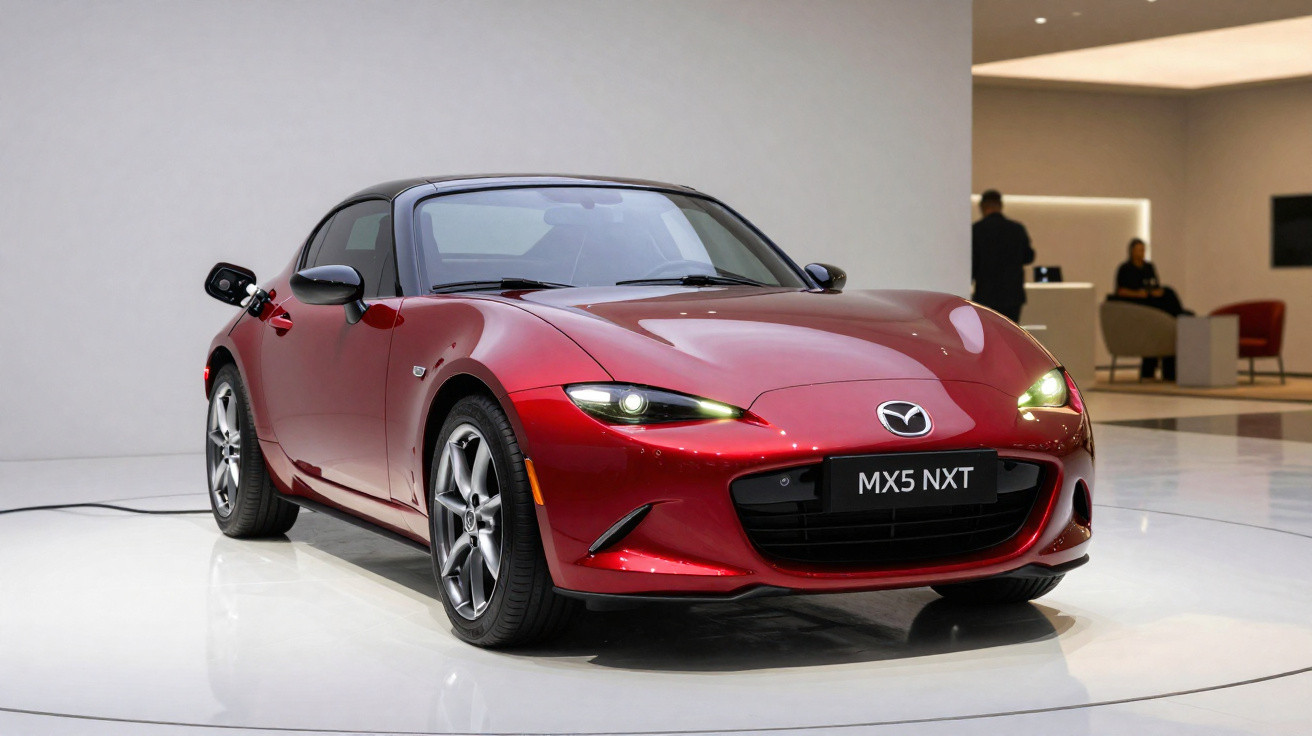 Red Mazda MX-5 NXT sports car displayed indoors on a white platform with headlights on.