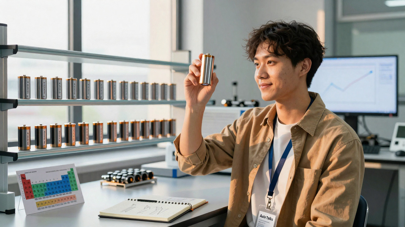 Scientist examining a large battery cell at a workstation with a periodic table and charts in the background