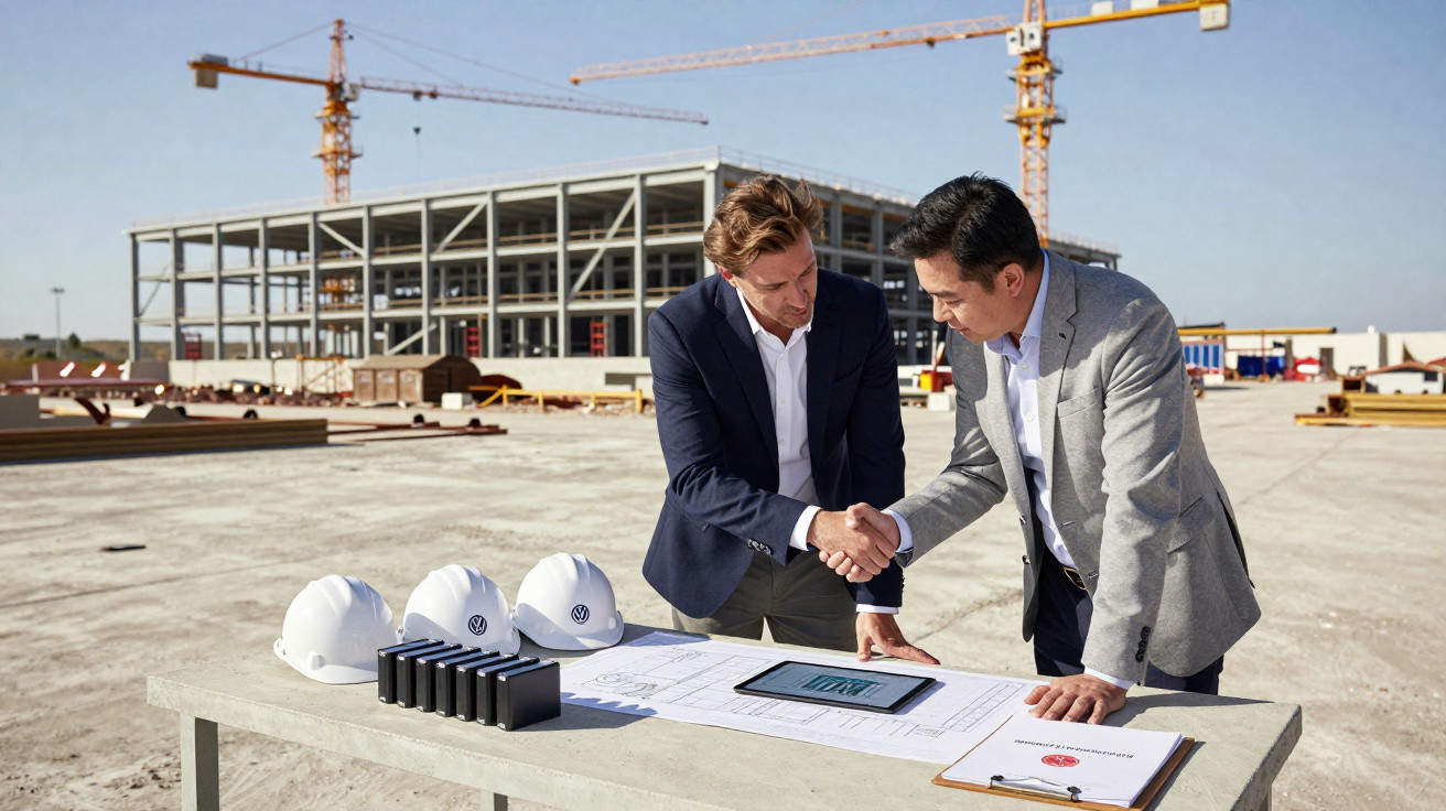 Two men in suits shaking hands at a construction site with helmets and blueprints on the table.