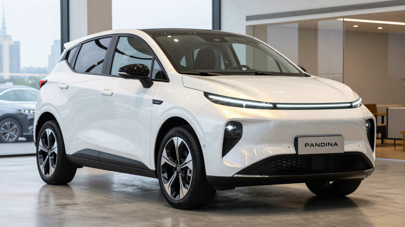 White electric compact SUV parked indoors with modern design and black trim accents.