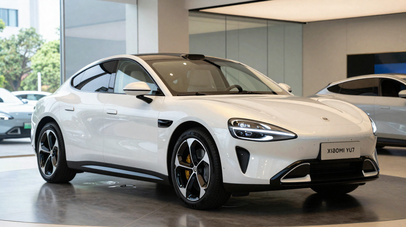 White sleek electric car displayed indoors with modern alloy wheels and distinctive LED headlights.
