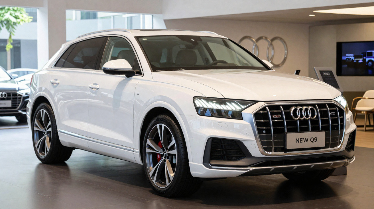 White Audi Q9 SUV displayed in a showroom with modern design and LED headlights.
