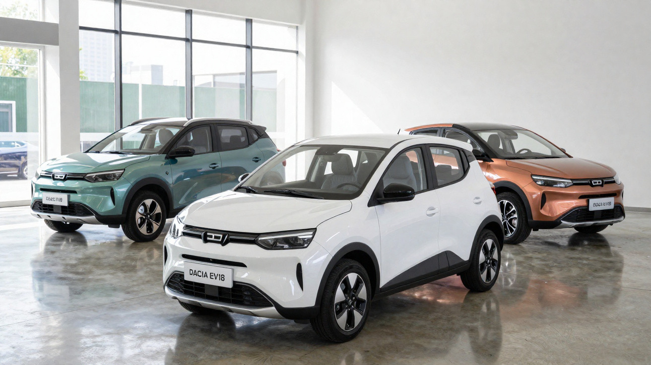 Three Dacia EV18 electric cars in white, green, and bronze displayed in a bright showroom with large windows.