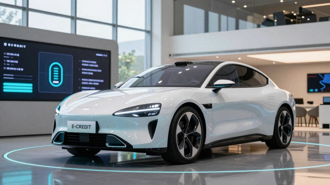 White electric sports car displayed indoors with digital screens in the background and modern architecture surroundings.