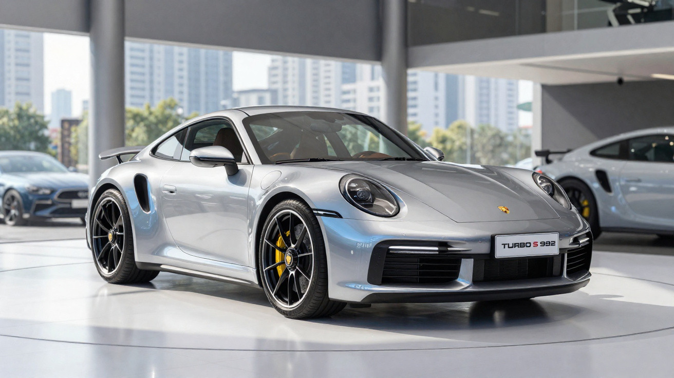 Silver Porsche 911 Turbo S 992 sports car displayed indoors with black and yellow alloy wheels.