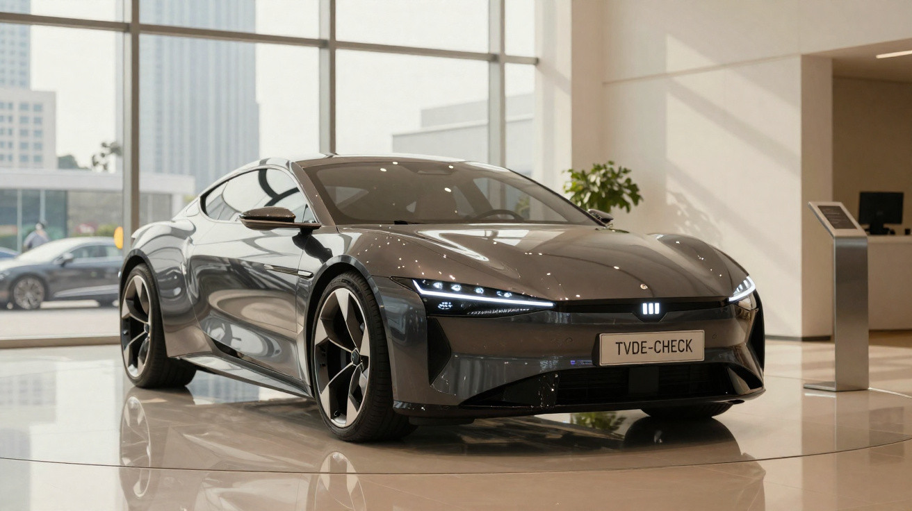 Sleek grey sports car with futuristic LED headlights displayed in a modern showroom with large windows.