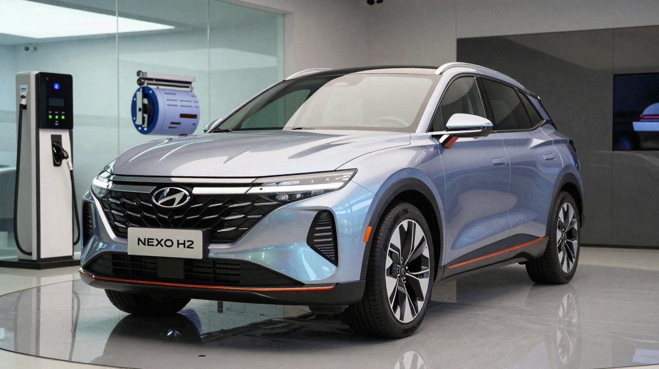 Silver Hyundai Nexo H2 hydrogen fuel cell SUV displayed indoors near charging station