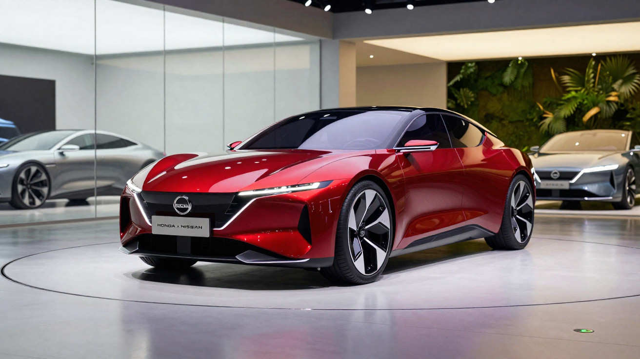 Red Nissan concept electric sports car displayed in a modern showroom with other vehicles in the background.