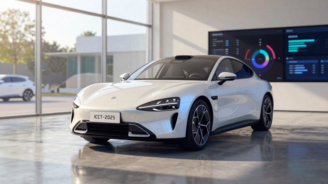 White modern electric car parked inside a showroom with large windows and a digital display screen.