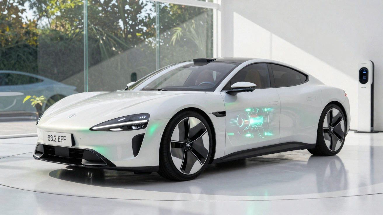 White electric sports car parked indoors next to a charging station with a transparent side showing motor components.