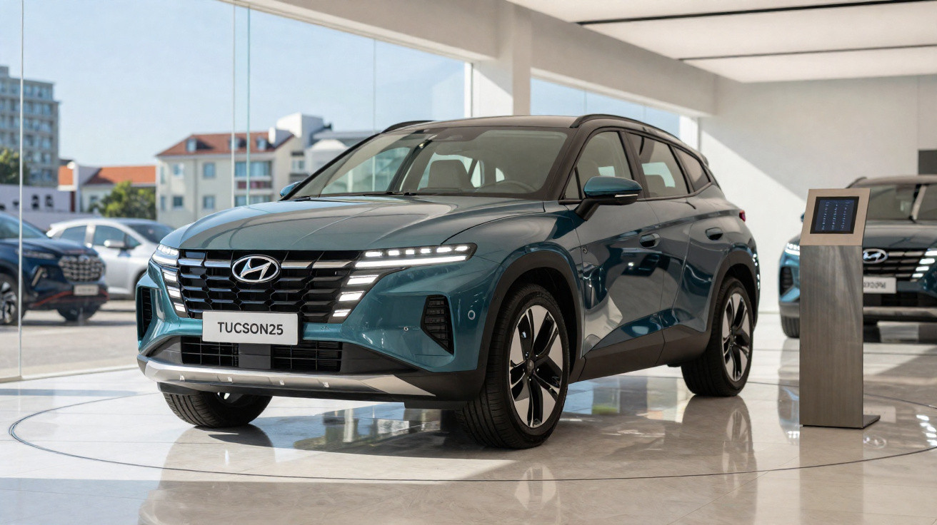 Blue Hyundai Tucson SUV displayed in a bright showroom with a digital information stand beside it.