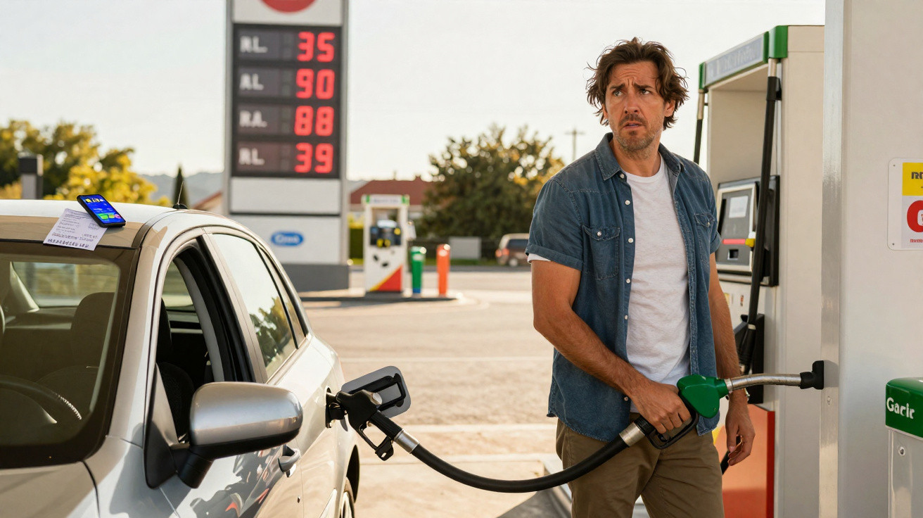 Man in casual clothes looks concerned while pumping fuel into a white car at a petrol station.