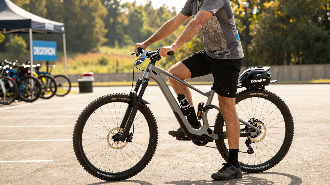 Person wearing helmet standing with a grey electric mountain bike in a sunny outdoor parking area.