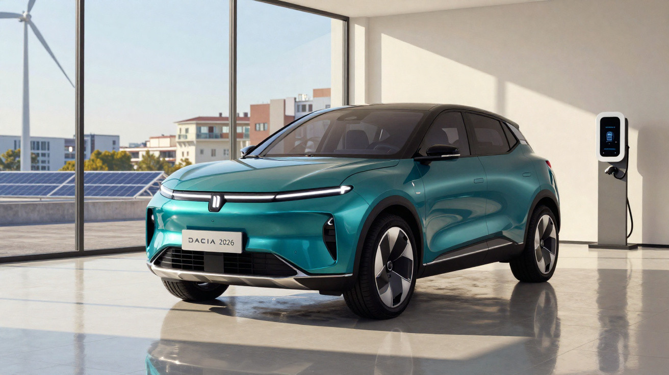 A teal electric car parked indoors next to a charging station with city and wind turbine visible outside.